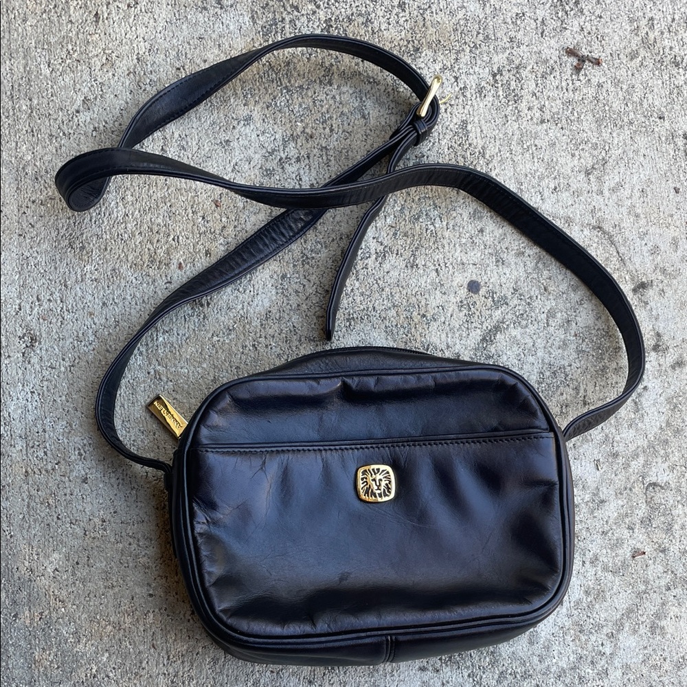 Black Leather Crossbody Bag vintage camera style Ann Klein gold lion logo